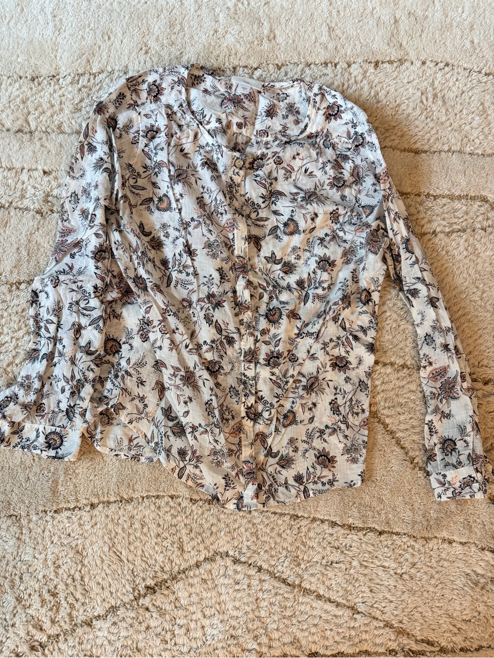 J. Jill Cream Floral Button-Down Shirt with Brown and Blue Accents